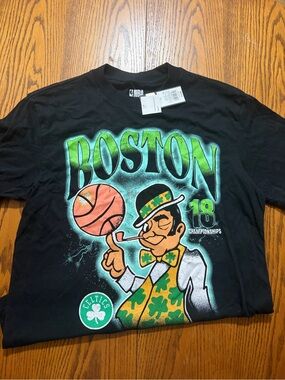 NBA Boston Celtics Black Tee with Green and Orange Graphic